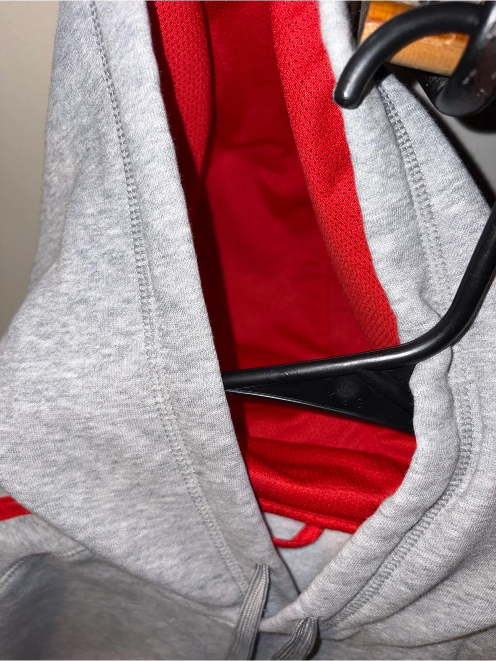 adidas Essentials Grey Hoodie with Red  3 Stripes Logo Pullover with Hood Lining